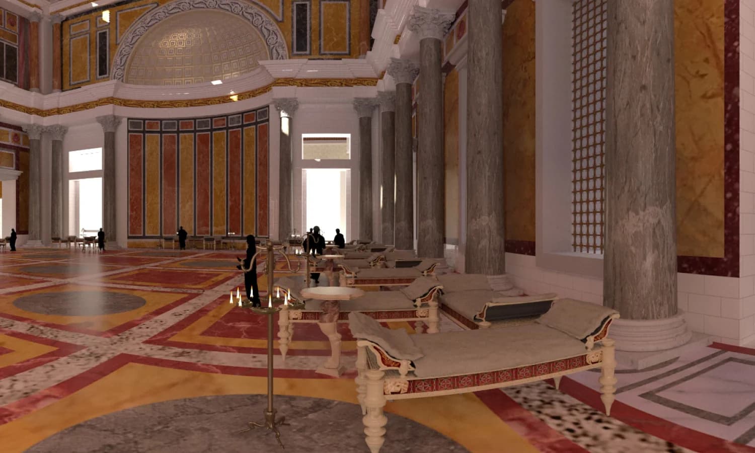 TimeLens reconstruction of the Cenatio Iovis, Domitian's dining hall, with dining couches on a coloured marble floor