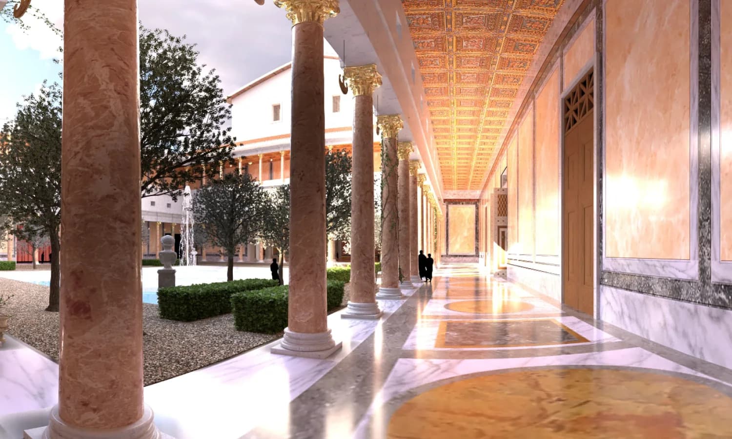 TimeLens reconstruction of the peristyle colonnade in Domitian's Palace, with rosy marble columns and a gilded ceiling