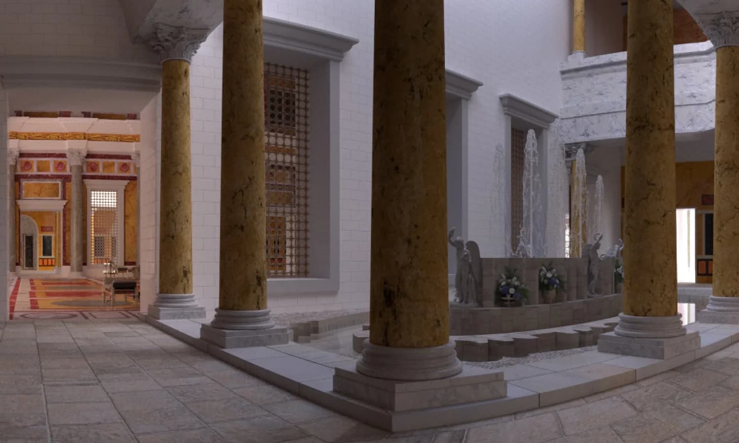 TimeLens reconstruction of a Roman fountain room in Domitian's Palace, with golden yellow columns around the fountain jets