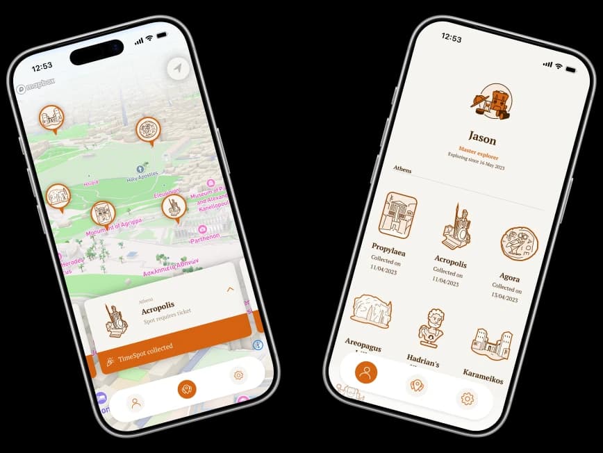 Impression of the TimeLens app features: map and badges