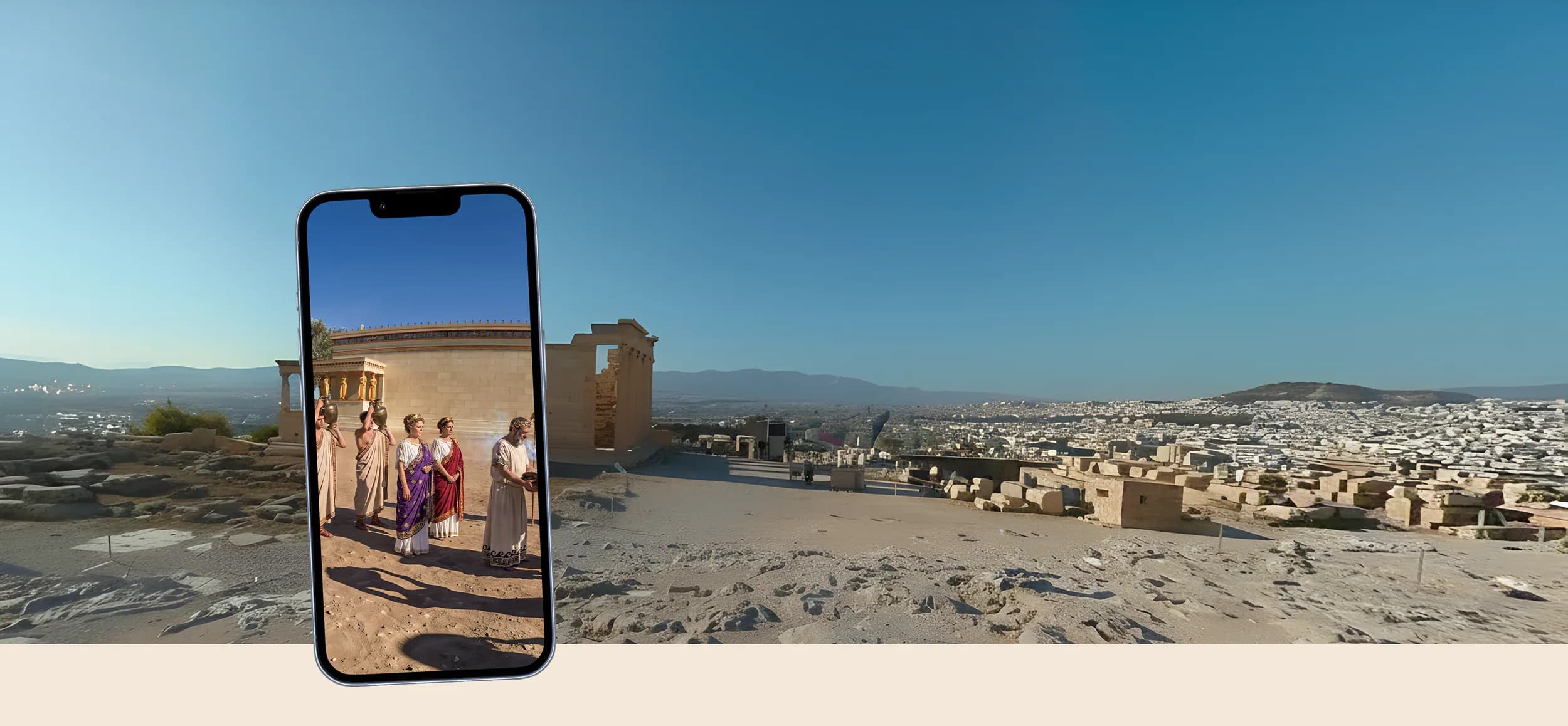 Phone showing a TimeLens reconstruction of the Erechtheion on the Acropolis in Athens