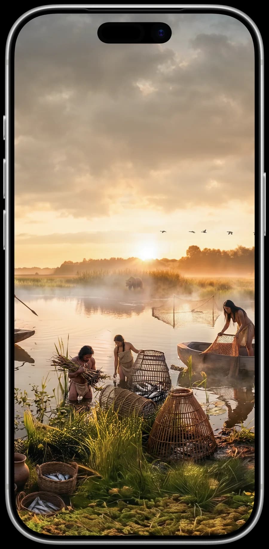 Phone showing a TimeLens reconstruction of prehistoric life by the river near Borger